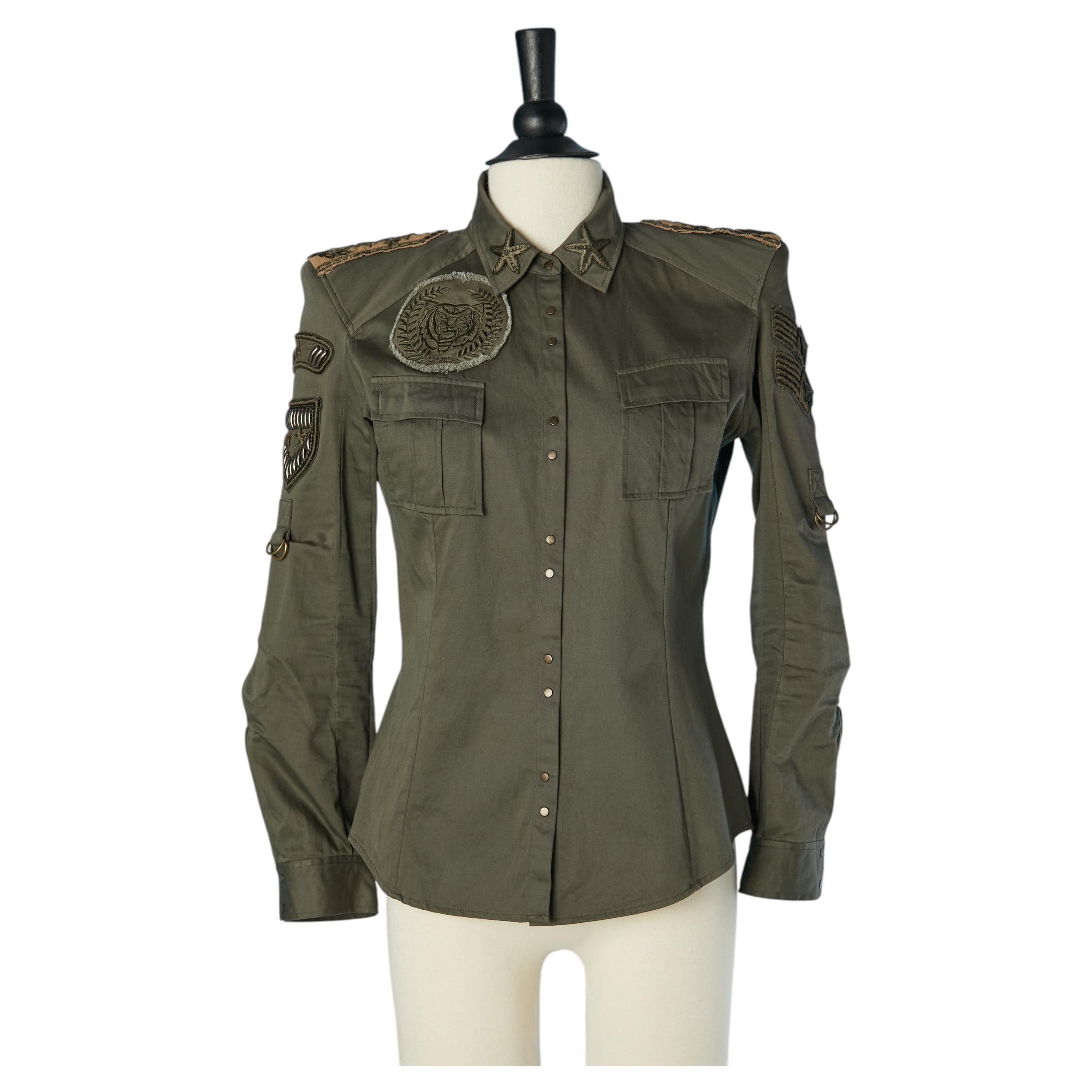 Kaki cotton army shirt with patches and studs embellishment BALMAIN For Sale