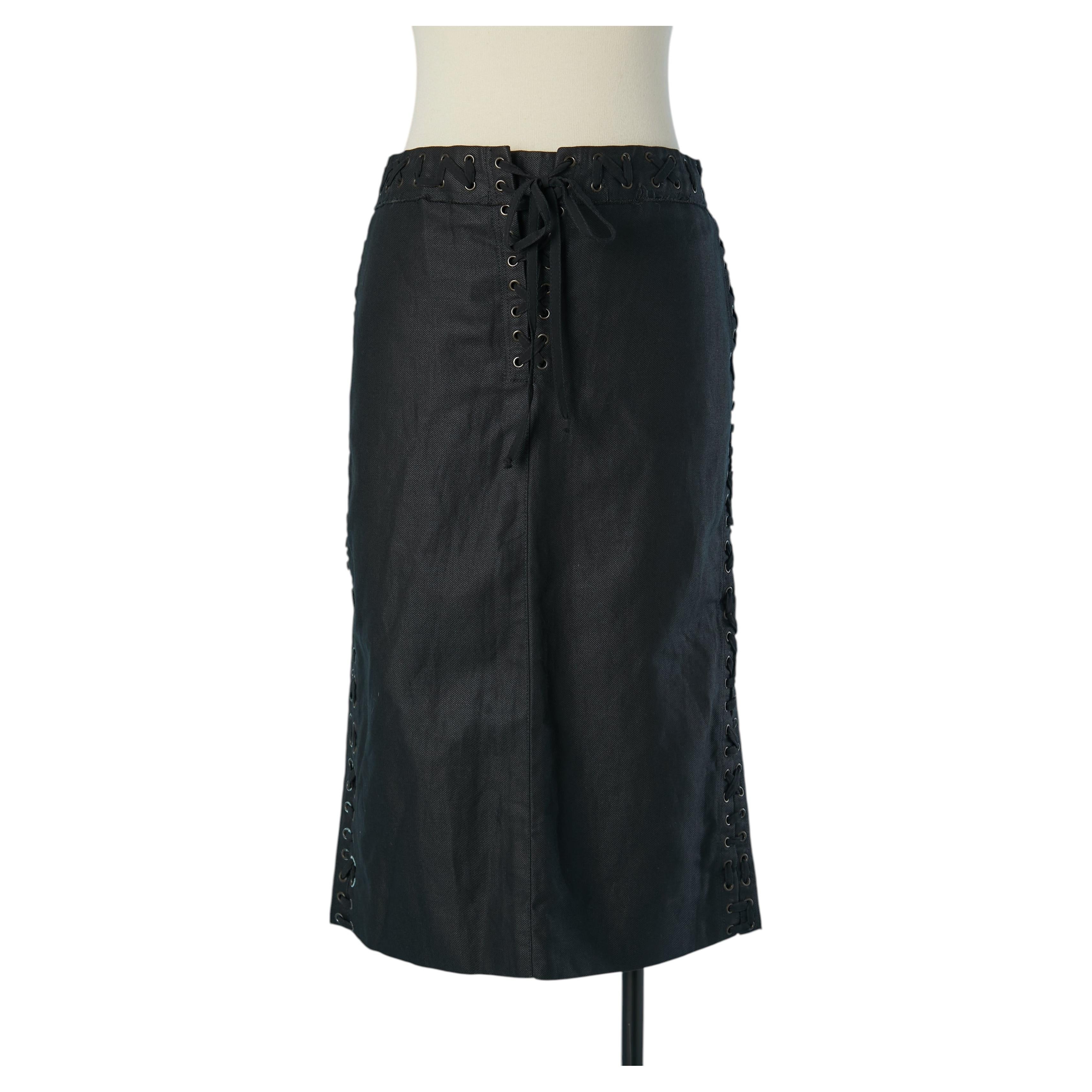 Schwarzer Rock mit Schnürung von YVES SAINT LAURENT Rive Gauche im Angebot