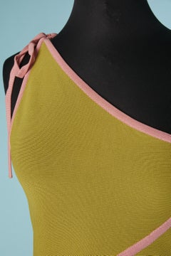 One shoulder green rayon dress with pink lines HERVE LEGER