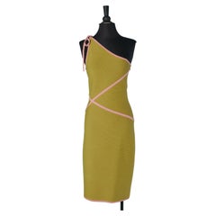 One shoulder green rayon dress with pink lines HERVE LEGER
