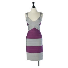 Vestido tipo vendaje de rayón gris y morado de HERVE LEGER