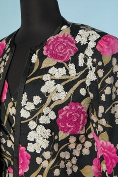 Silk jacket and dress ensemble with flower print on Circa 1960's