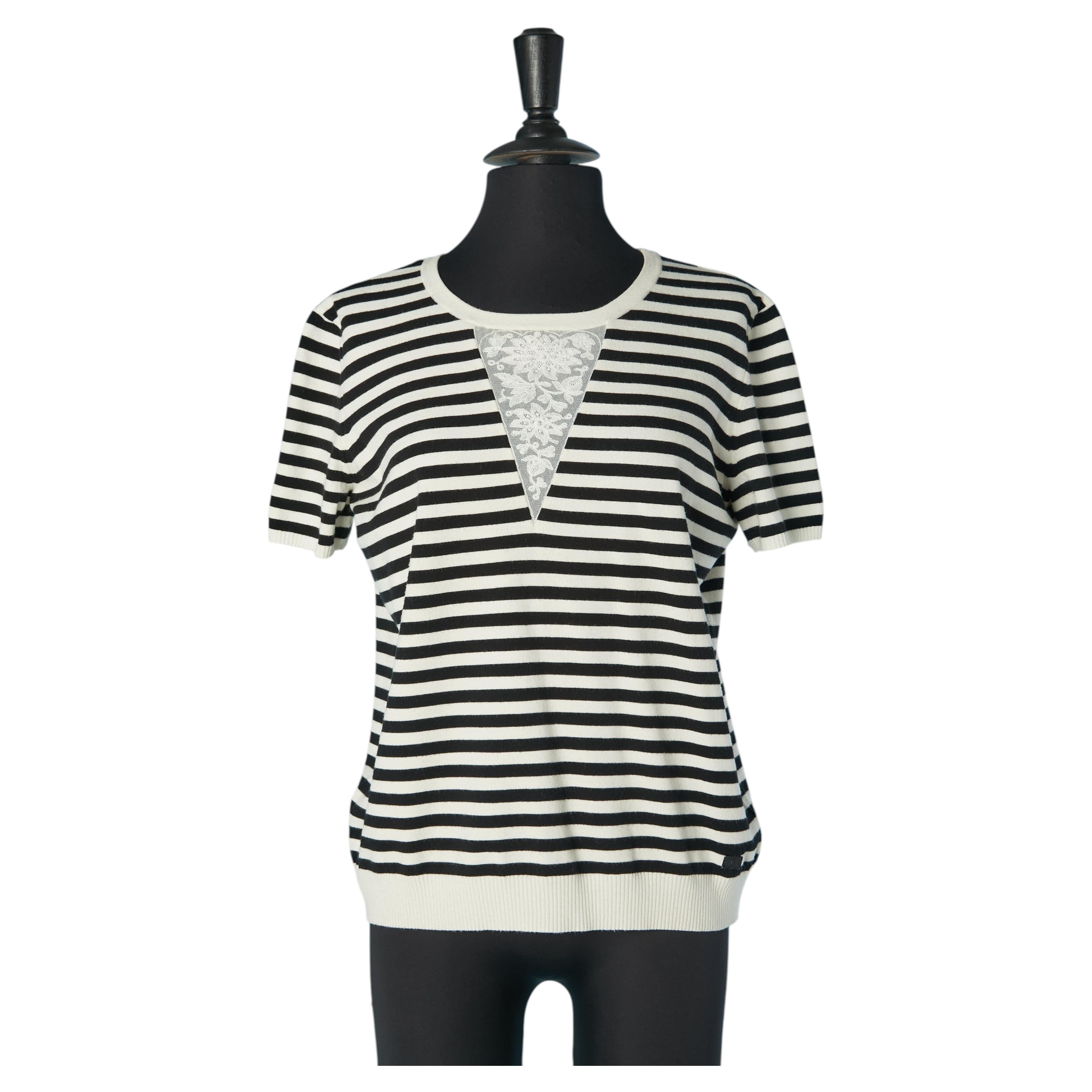 Striped tee-shirt with lace inset on the front CHANEL For Sale