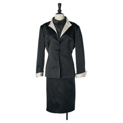 Black satin skirt-suit with white details and shirt OSCAR DE LA RENTA
