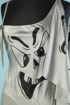 Grey asymmetrical evening dress with cartoon print on MOSCHINO COUTURE
