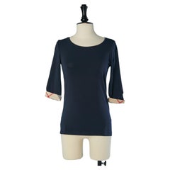 Navy blue T-shirt with check cotton sleeve edge BURBERRY BRIT