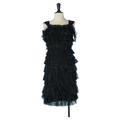 Black ruffled silk tulle and lace cocktail dress LANVIN by Alber Elbaz FW 2004