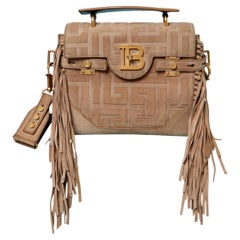 Beige suede structured shoulder bag with fringes BALMAIN