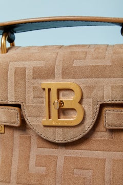 Beige suede structured shoulder bag with fringes BALMAIN