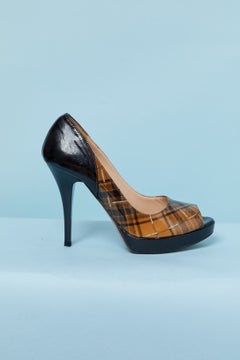 Leather patent open toe pump with check pattern MAUD FRIZON