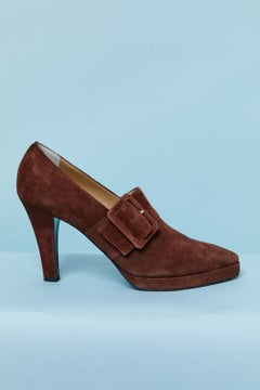 Brown suede pump with buckle YVES SAINT LAURENT