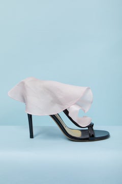 Black leather patent sandal with pink organza ruffle ALEXANDRE VAUTHIER
