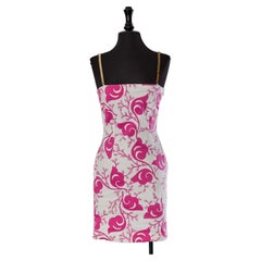 White and pink printed cocktail dress with chain shoulder strap VERSUS