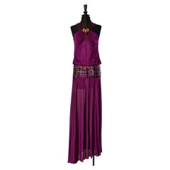 Purple jersey and silk evening dress with brooch CLASS Roberto Cavalli