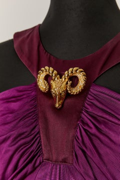 Purple jersey and silk evening dress with brooch CLASS Roberto Cavalli