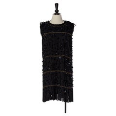 Black rayon jersey fringes cocktail dress with chain and sequin LANVIN