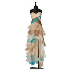 Draped pastel chiffon bustier evening dress with ruffles VERSACE COLLECTION