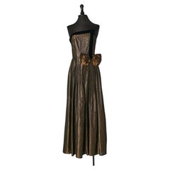 Brown lurex and black velvet bustier evening dress