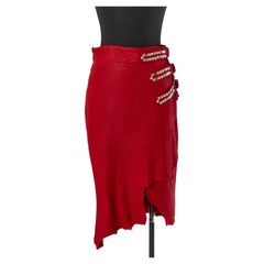 Red suede wrapped skirt with studs and buckle on the side BALMAIN