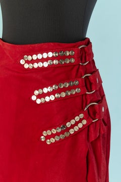 Red suede wrapped skirt with studs and buckle on the side BALMAIN