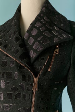 Chaqueta motera de lana gris oscuro con apliques de ante de JOHN GALLIANO