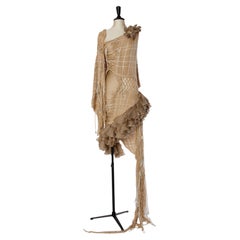 Asymmetrical knit and organza evening dress with chain and beads JEAN DOUCET