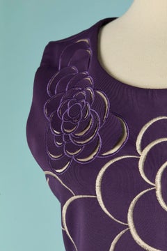 Purple jersey cocktail dress with petals embroderies and cut-work CHLOE