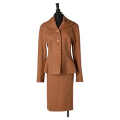 Ensemble jupe-tailleuse en laine marron à motif chevron CHRISTIAN DIOR