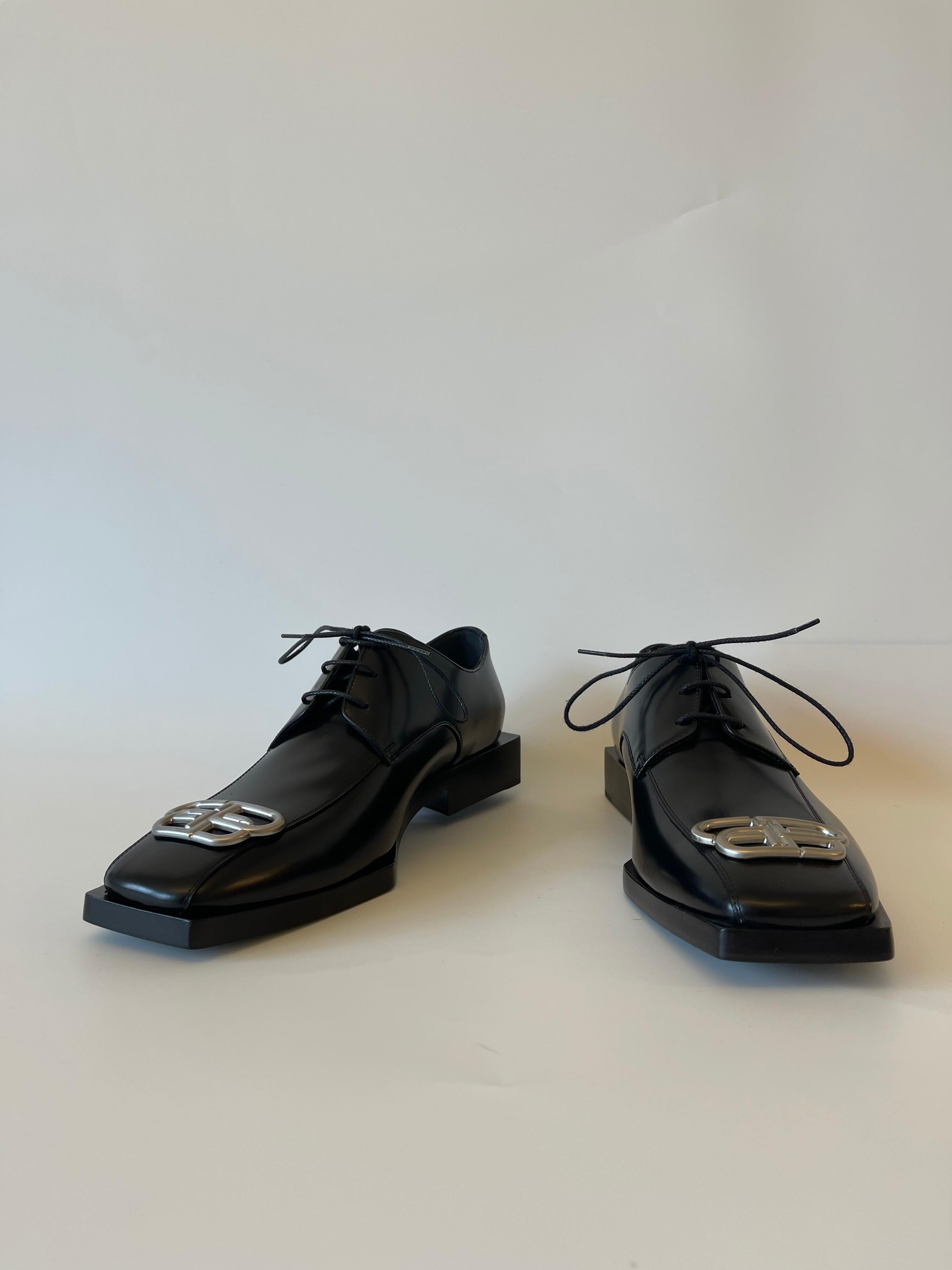 Black Balenciaga Bloc Rim BB Square Leather Derby Shoes Mens (43 EU)
