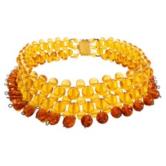 1960s Retro - Amber Glass Bead Choker Necklace - Ornate Floral Gold Fasten