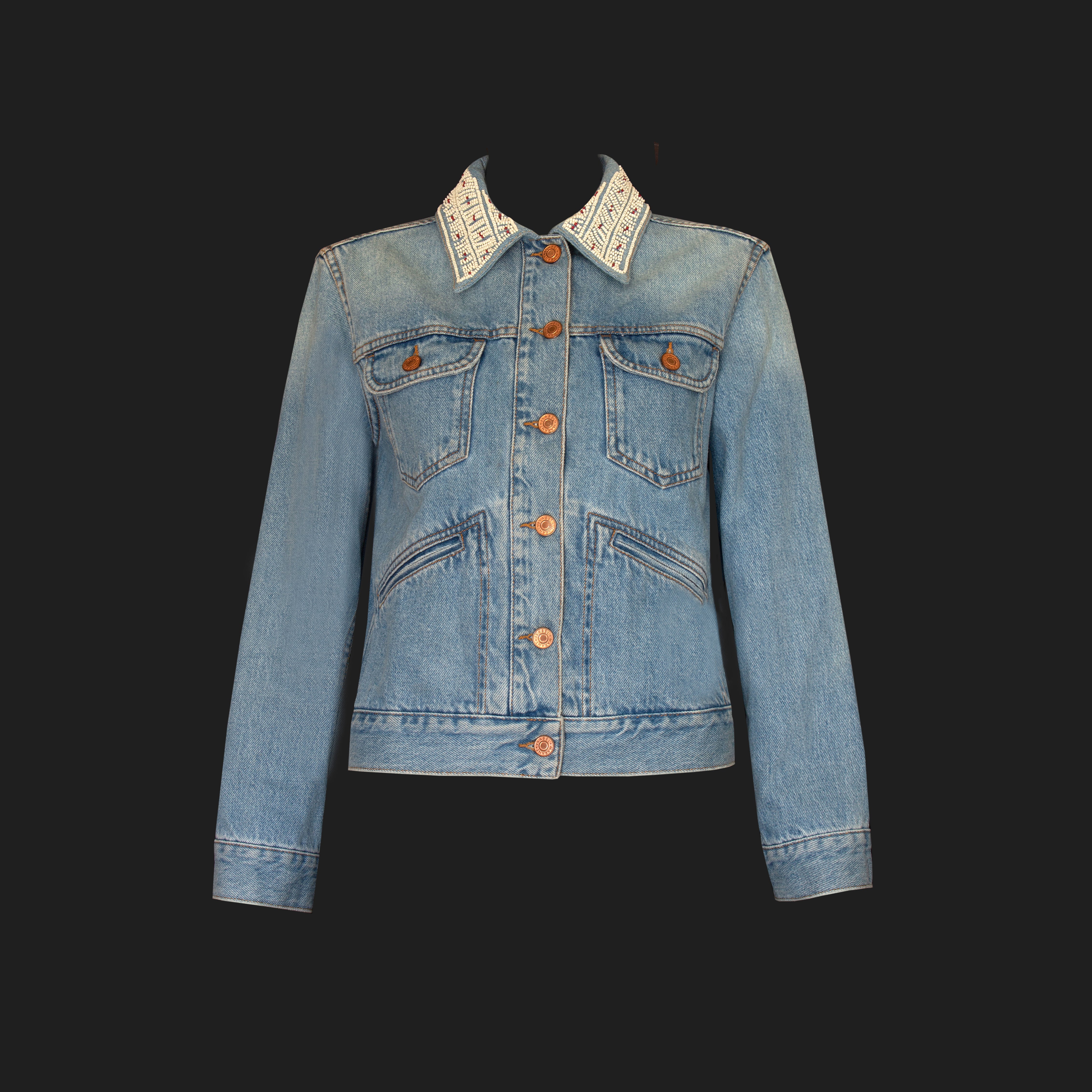 Isabel Marant Etoile - Beaded Washed Denim Jacket - Beaded Collar Detail - NEW