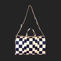 Lacoste - Sac de sport en cuir à carreaux crème et bleu marine - Rare