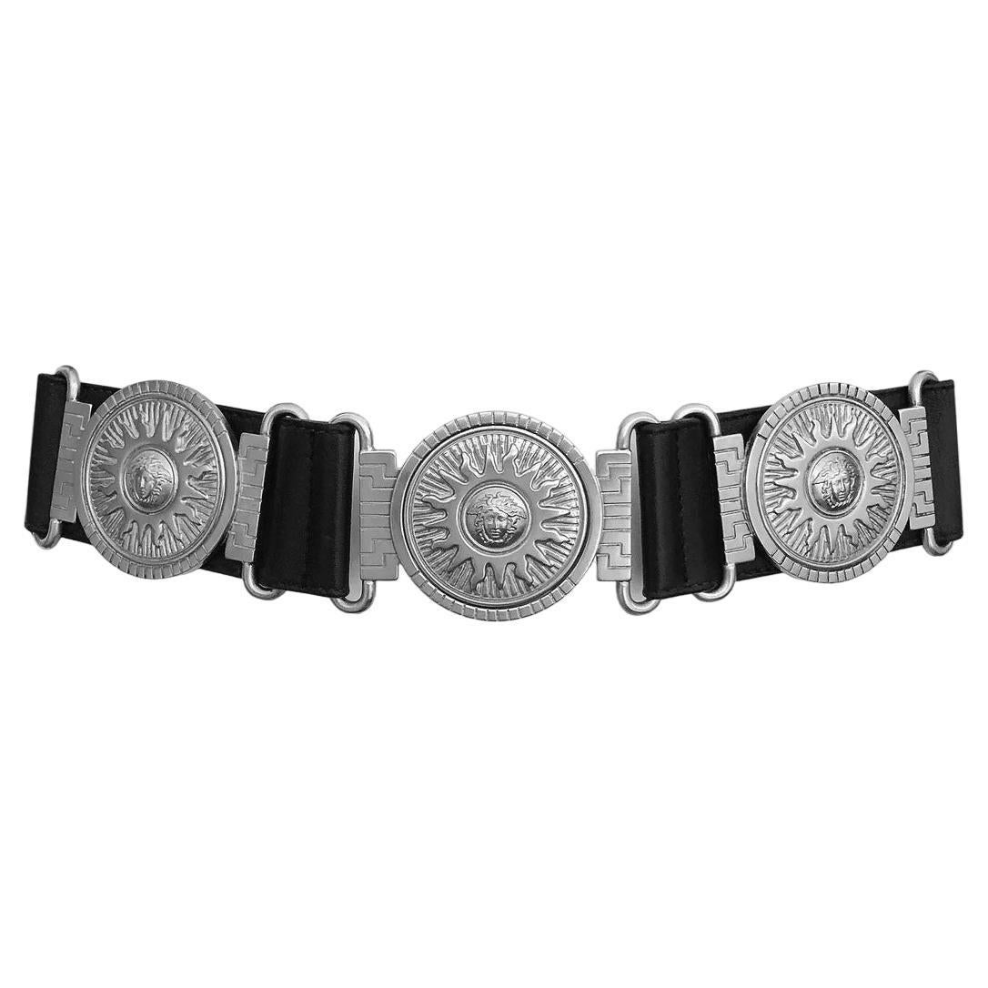 Gianni Versace Belt - 1990s Vintage - Silver Medusa Head Disc - Black Leather  For Sale