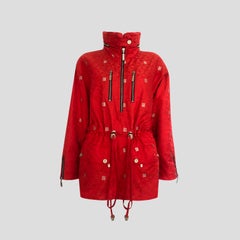 1980s Vintage Jacket - Red & Silver Geometric Sheen Coated Cotton - Fully Lined