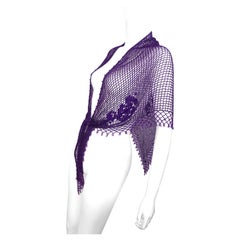 1970s Vintage - Purple Silk Crochet Shawl Scarf - Beaded Hem & Floral Details
