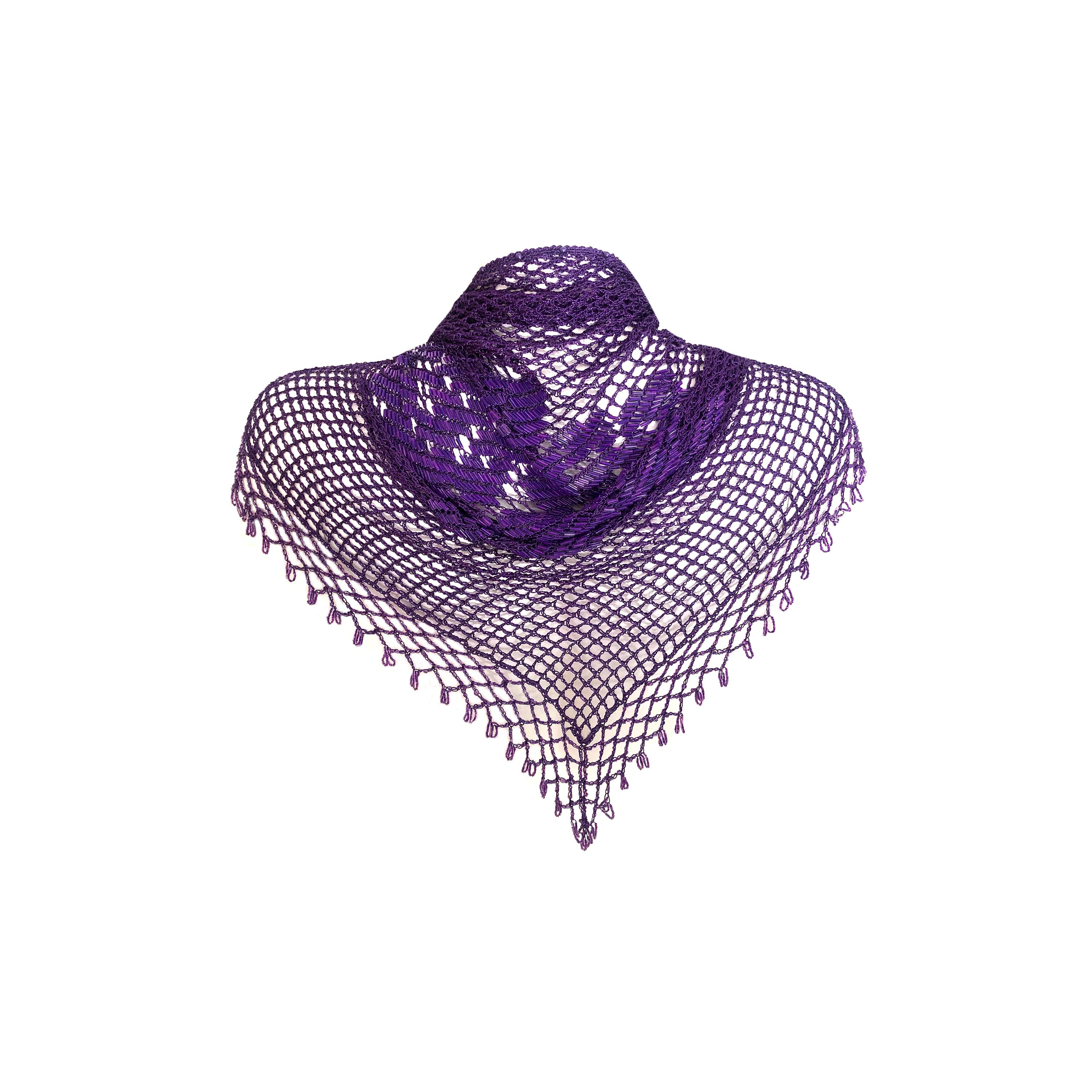 Vintage des années 1970 - Echarpe châle en crochet de soie mauve - ourlet perlé et détails floraux en vente 2