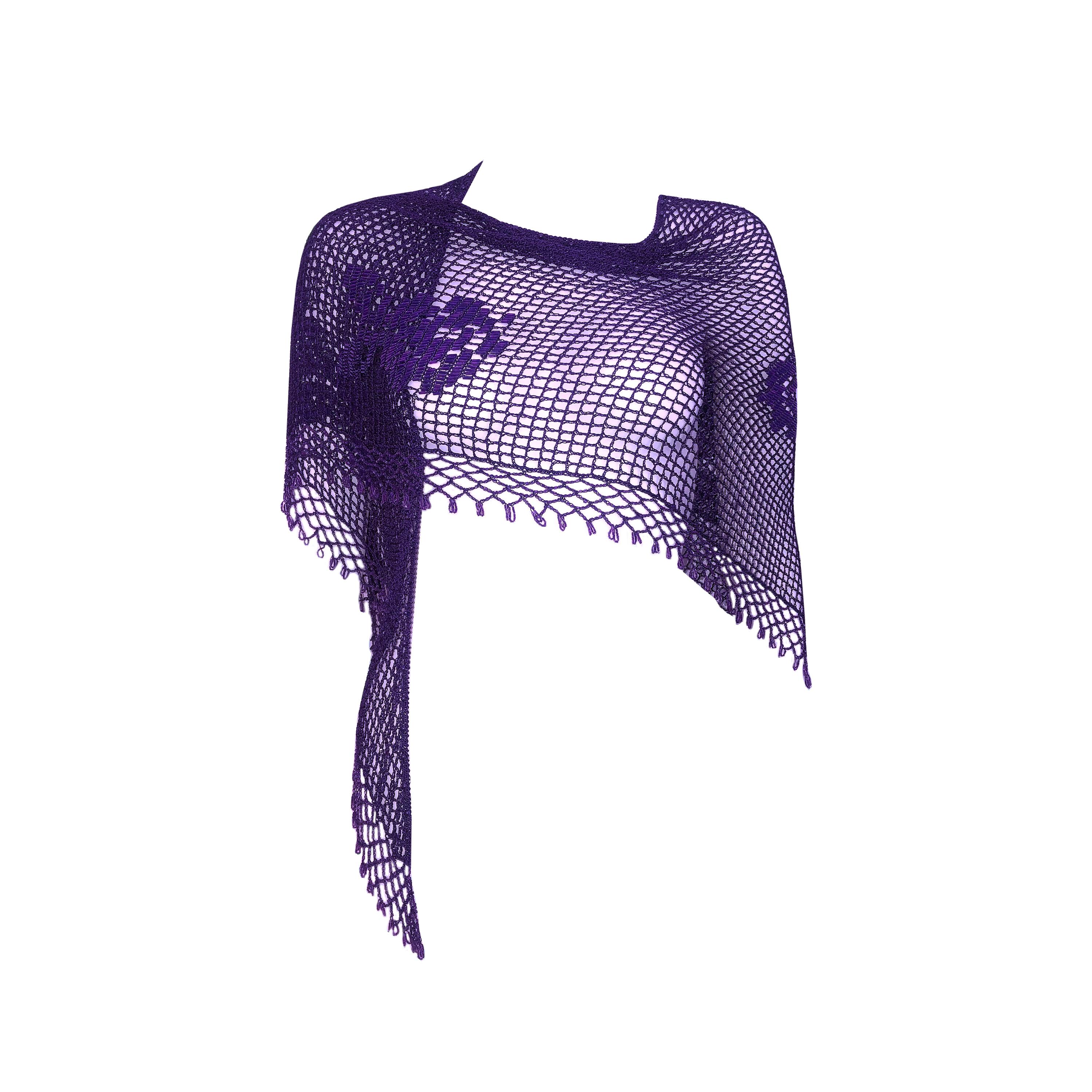 Vintage des années 1970 - Echarpe châle en crochet de soie mauve - ourlet perlé et détails floraux Pour femmes en vente
