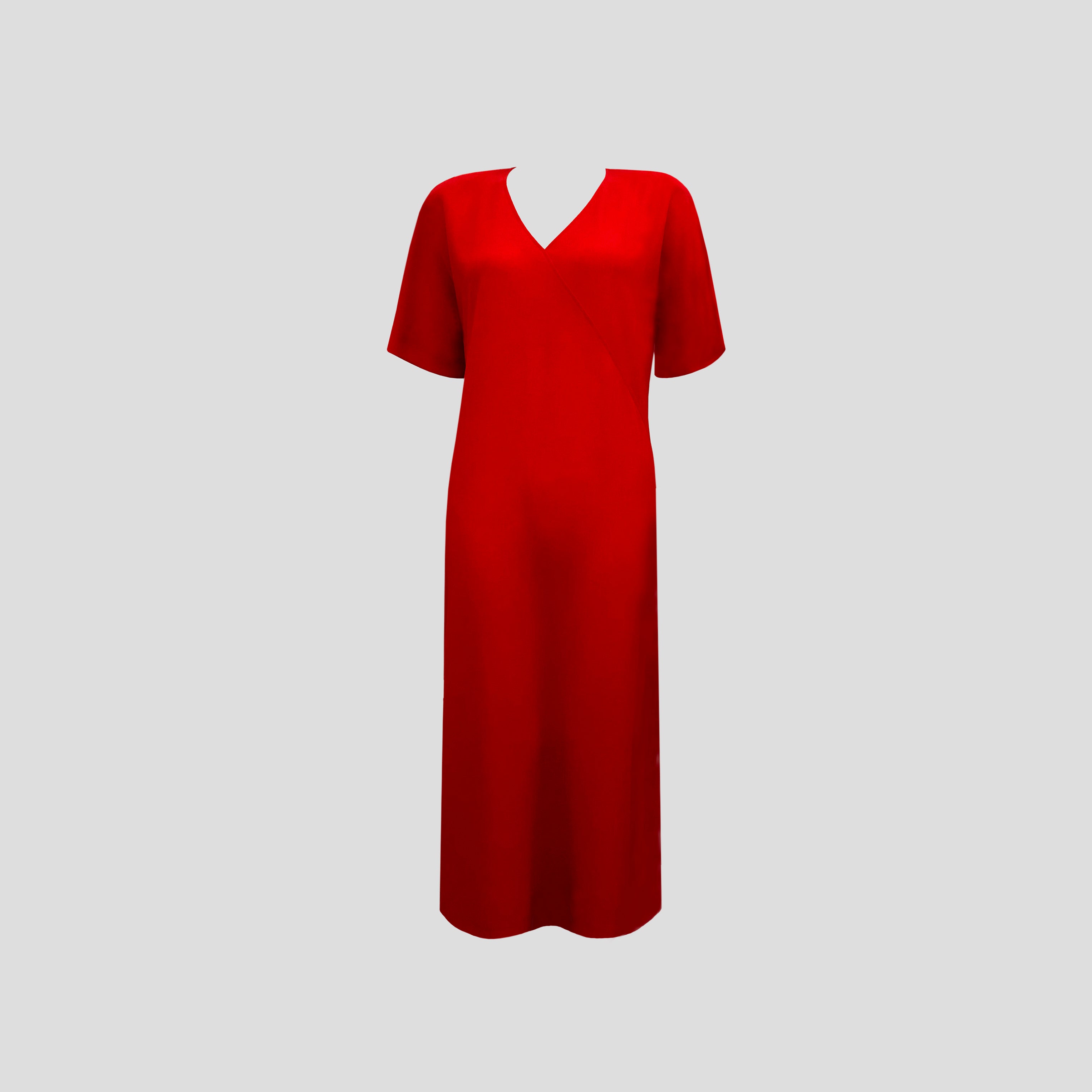 Robe Jean Muir - Vintage des années 1980 - Crêpe rouge - Faux détail enveloppant - Épaulettes