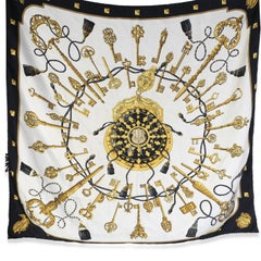 Hermès Cream Black Silk Les Cles Scarf 90