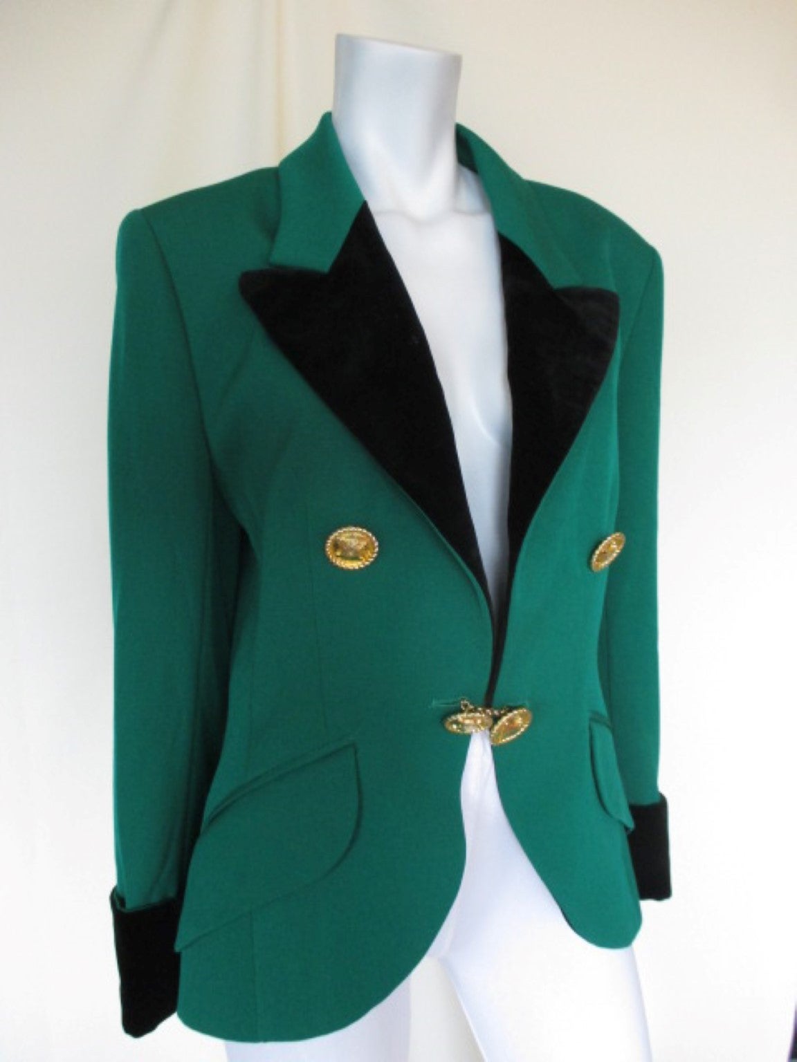 Stunning green wool/black velvet Celine blazer For Sale at 1stdibs
