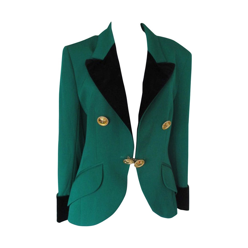 Celine green wool and black velvet blazer