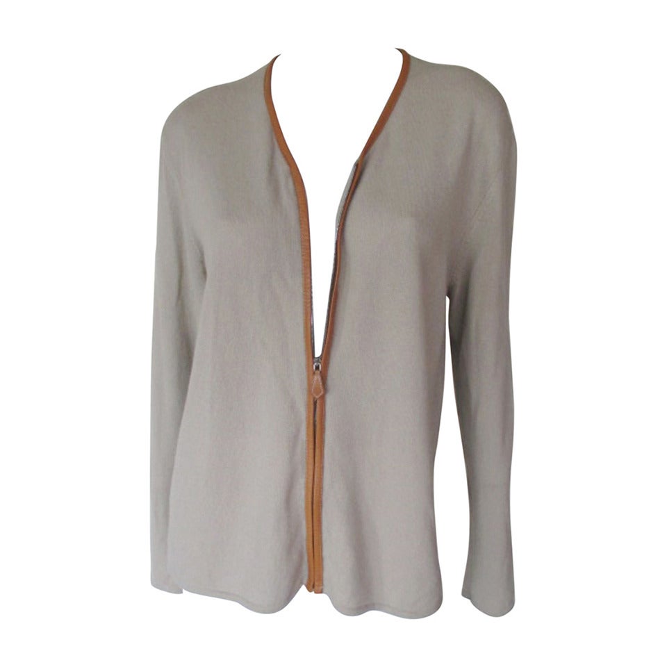 Hermes 100% Cashmere cardigan sweather with leather piping size L