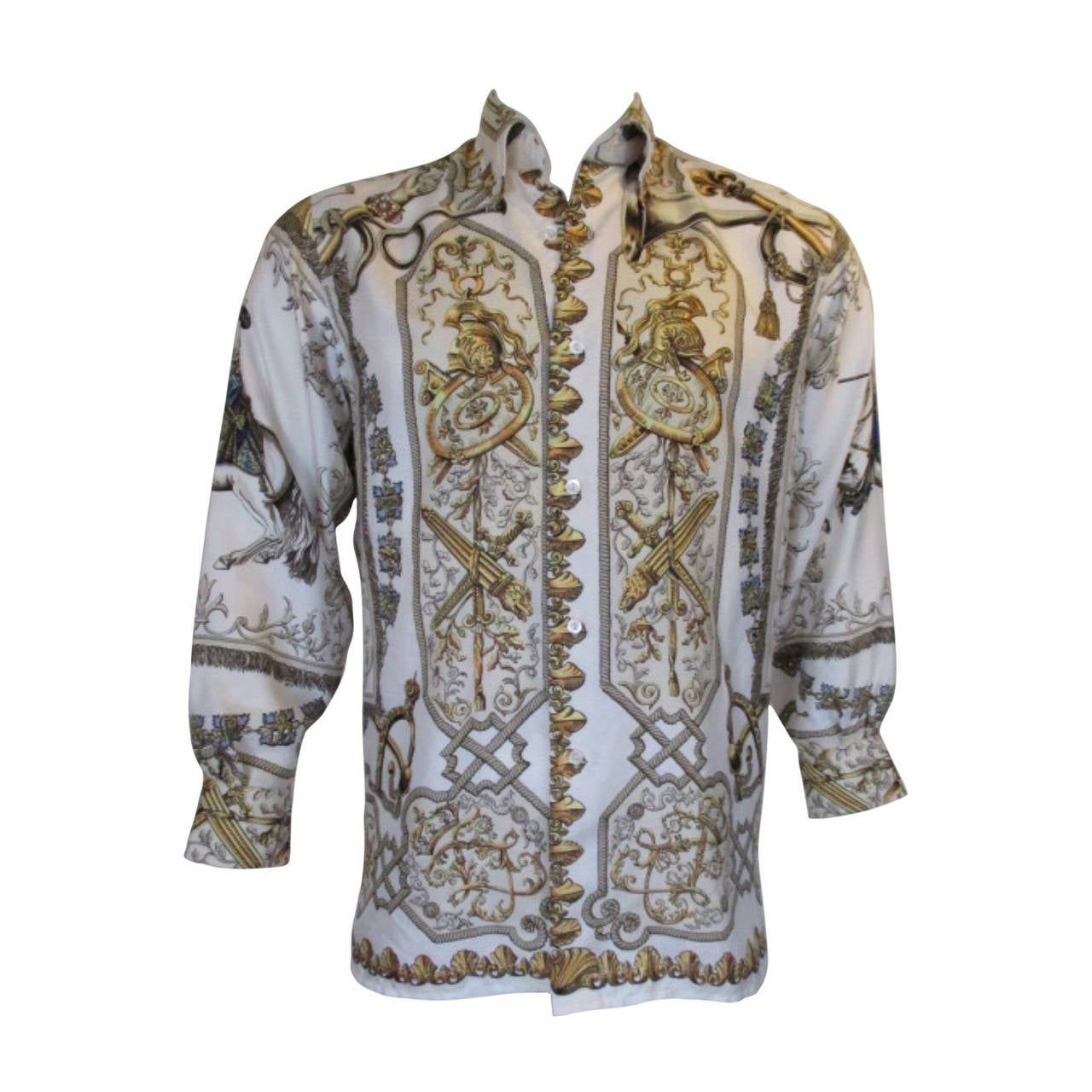 Hermes 100% silk men blouse designed by "F. de la Perrierre"