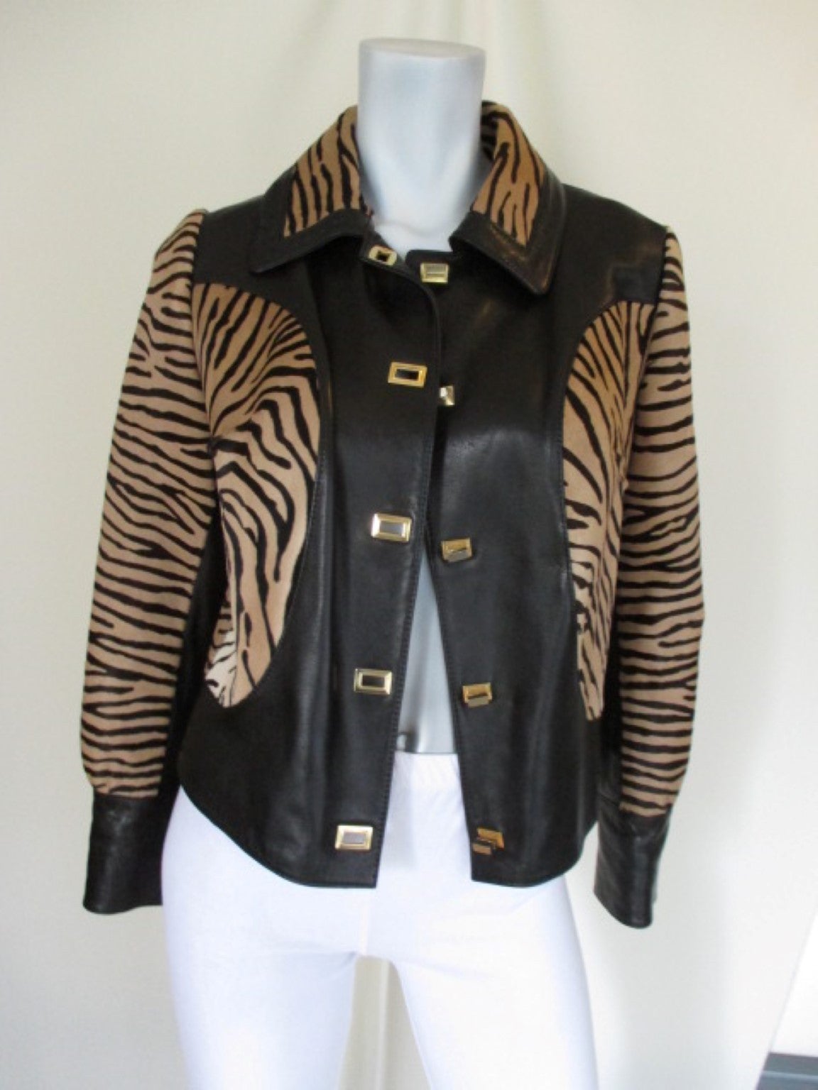 Women's Brown Leather Jacket with Zebra Printed Pony Skin Fur For Sale