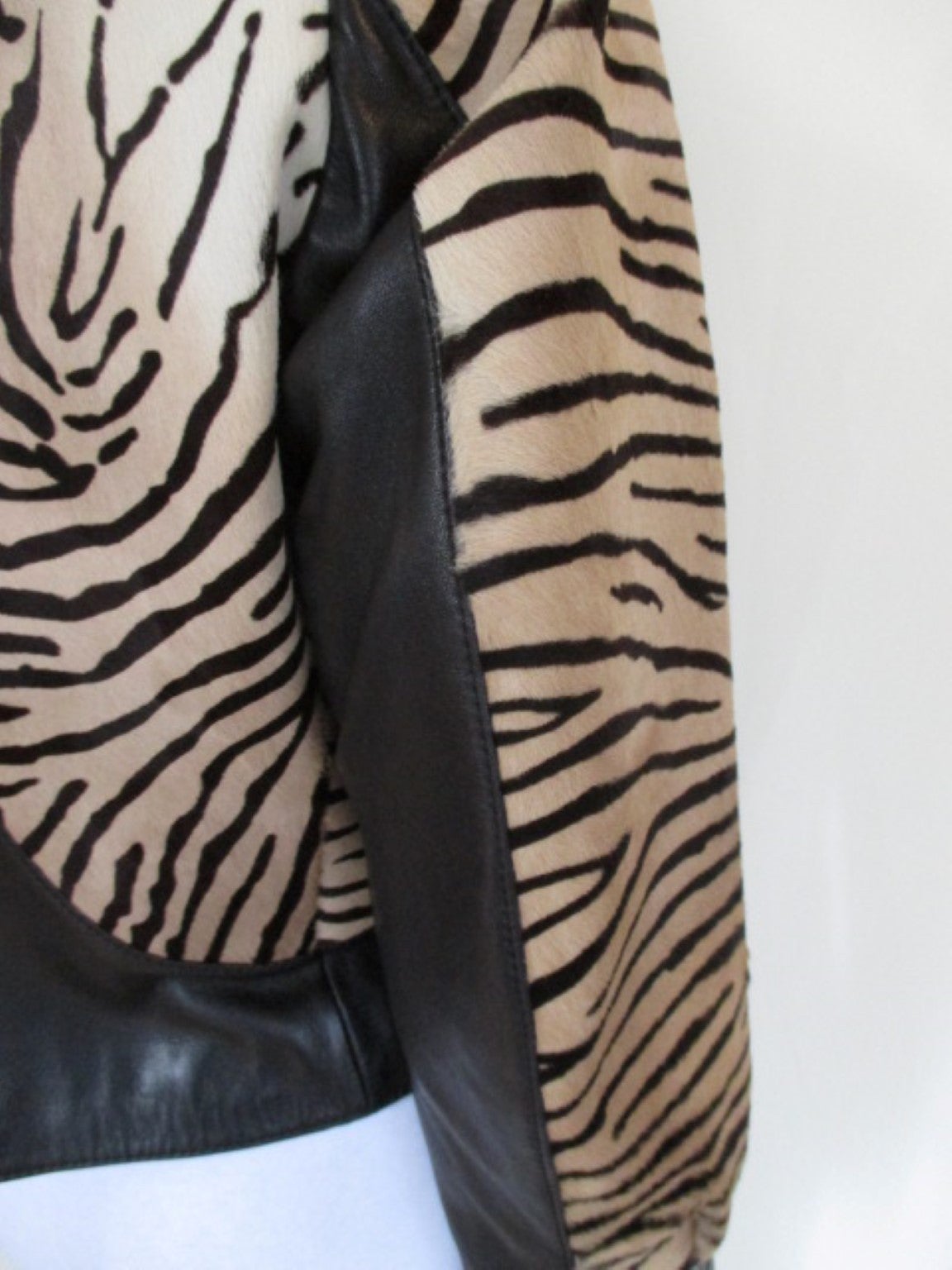Black Brown Leather Jacket with Zebra Printed Pony Skin Fur For Sale