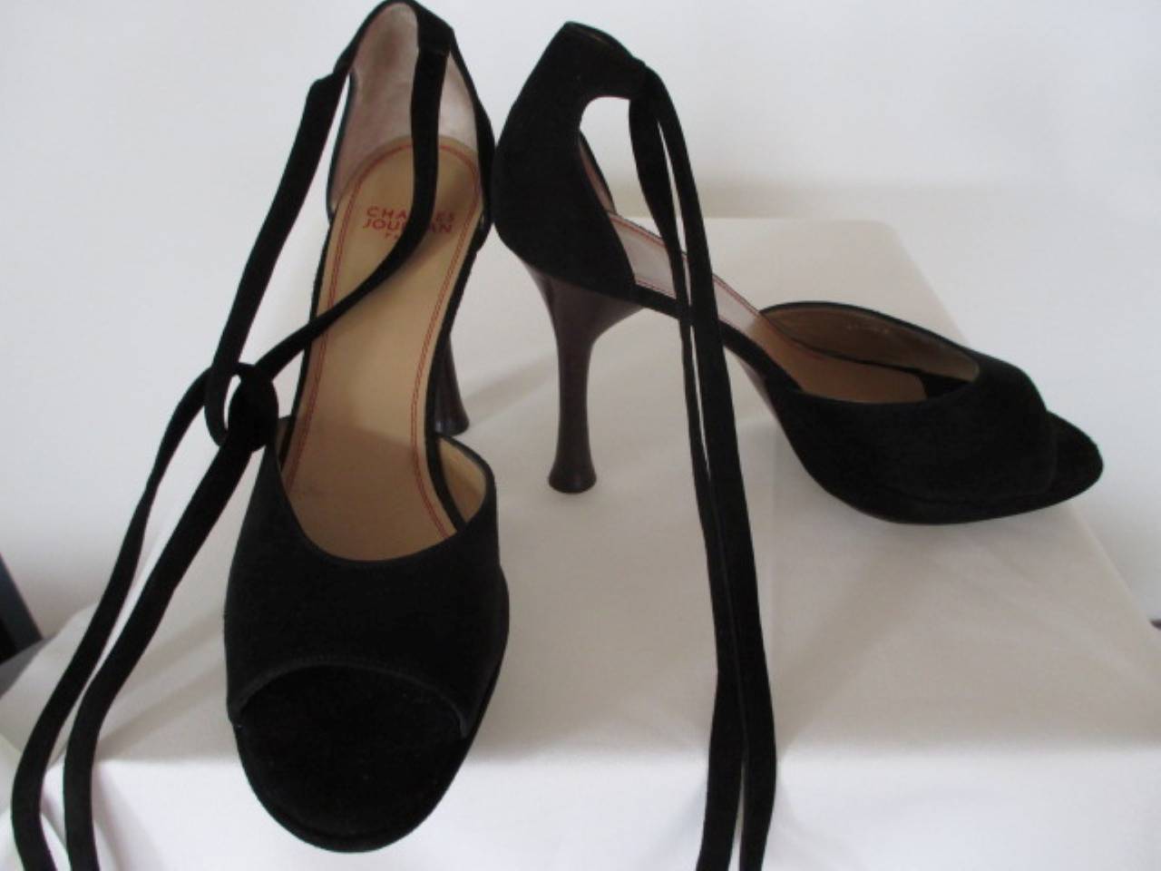 Charles Jourdan black suede peep toe shoes 2