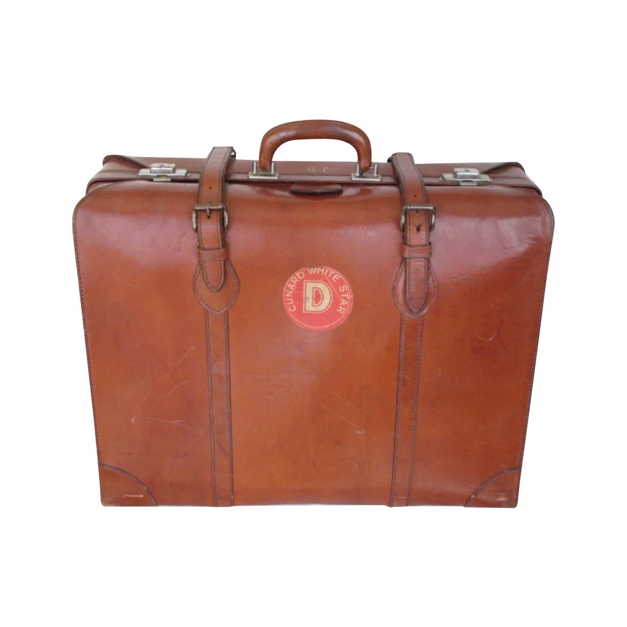 Valise en cuir marron avec étiquette Cunard White Star D-Deck, années 1930  en vente