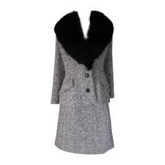 2-piece wool tweed suit with black fox fur collar 12