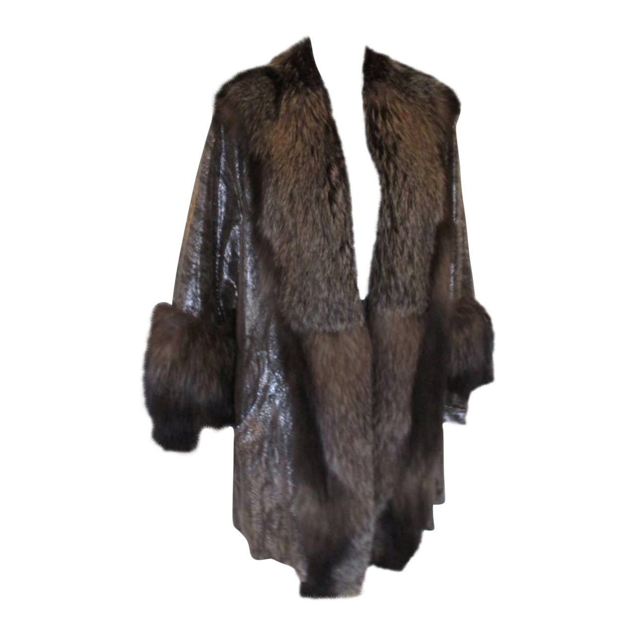 Silver Leather Coat with Fox fur