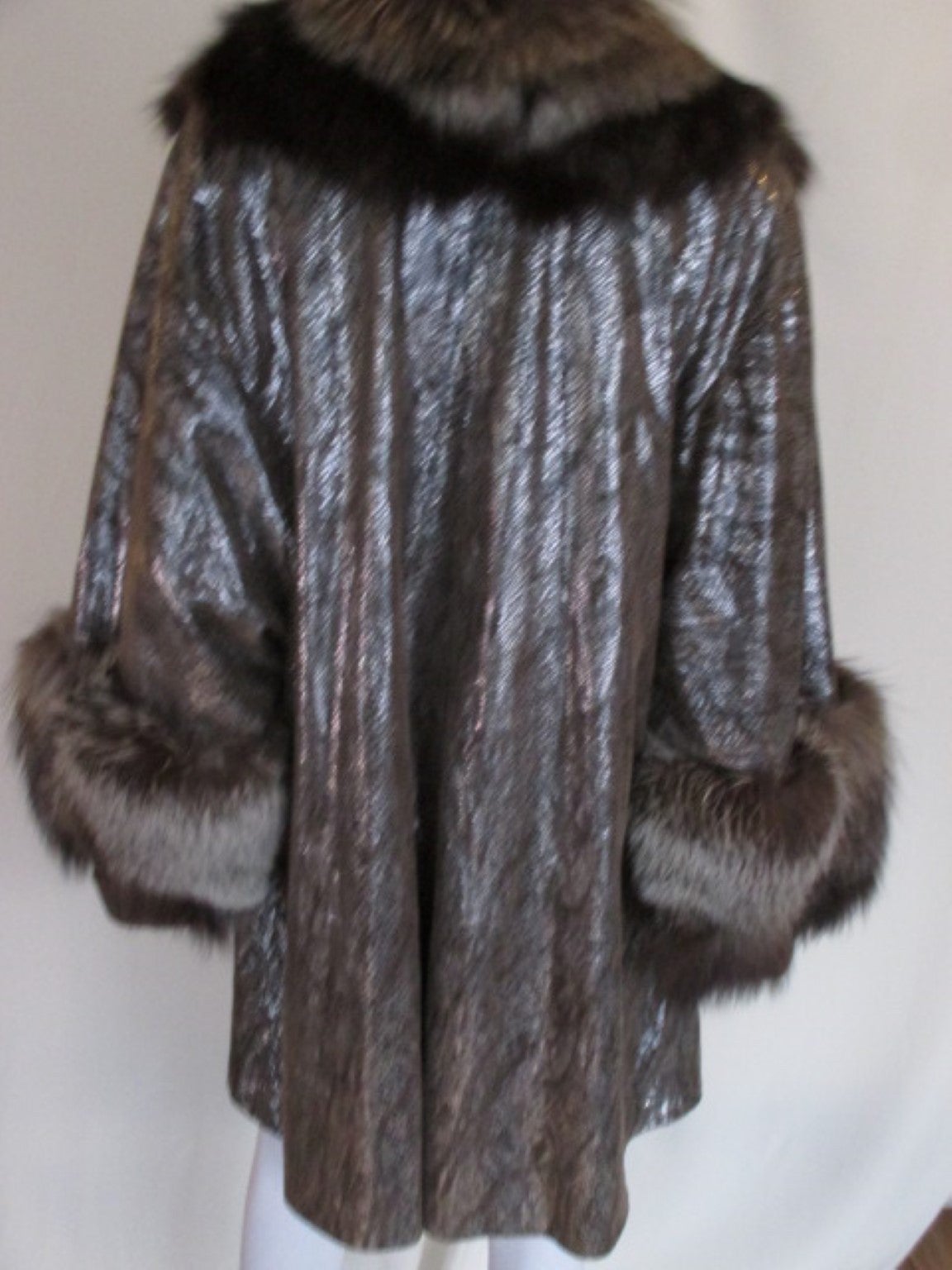 Black Silver Leather Coat with Fox fur